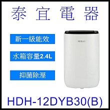 【泰宜電器】HERAN 禾聯 HDH-12DYB30(B) 抑菌除濕機 6L【另有RD-200HH1】