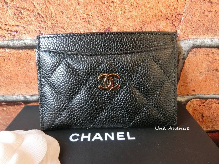 Una Avenue* 巴黎代購 Chanel A31510 黑色菱格紋 荔枝皮 名片夾 卡夾 金扣 全新