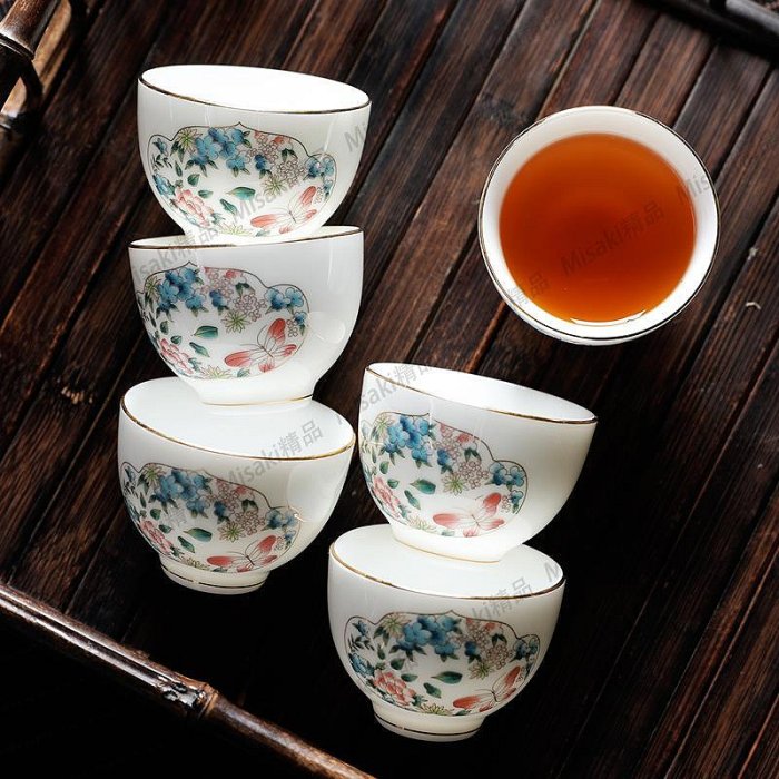 羊脂玉瓷功夫茶杯描金仿手繪品茗杯家用主人杯茶具單杯中式小清新-Misaki精品