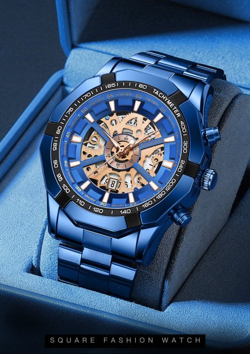 binbond賓邦鏤空非機械防水手表國外爆款機械表跨境藍色男士手表