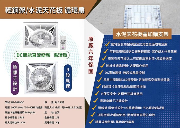 直流變頻 保固六年 節能  勳風節能 空氣流通 HF-7499DC HF7499 輕鋼架專用 頂上循環扇 台灣製造 簡配