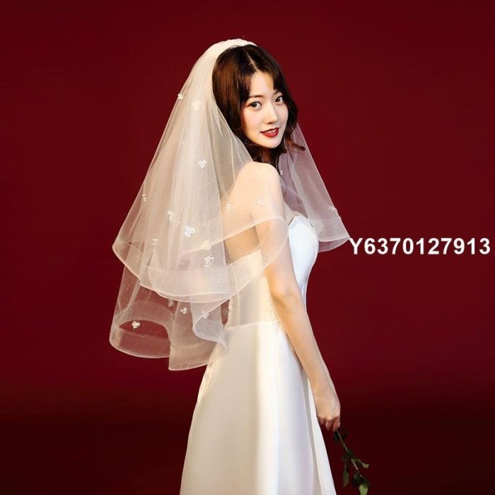 【熱賣精選】新娘韓式頭紗2020新款新娘結婚珍珠手工頭紗雙層包邊發梳外貿頭紗