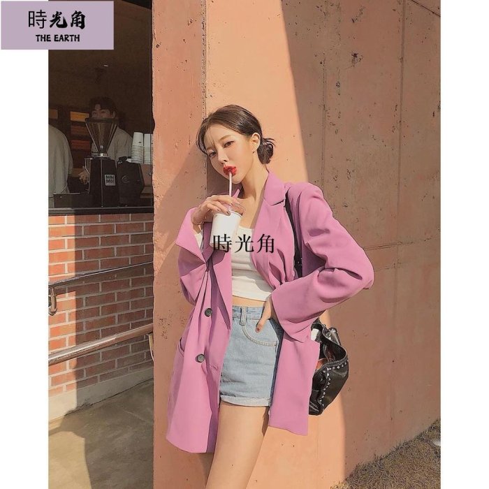 【 】����實拍韓國東大門甜美糖果色西裝外套 女寬松中長西服 亮色氣質小西裝外套 翻領雙排扣西裝外套