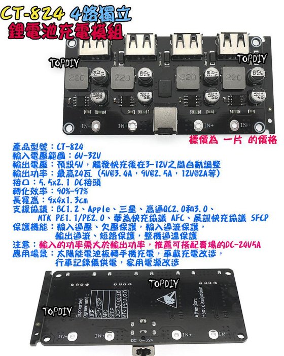 24瓦 4路 獨立輸出【阿財電料】CT-824 快充模組 保護板 鋰電池 車載充電 QC3 充電板 充電器