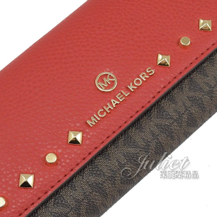 【茱麗葉精品】全新精品 MICHAEL KORS 專櫃商品 Jet Set Charm 鉚釘三折零錢長夾.深咖/紅 現貨