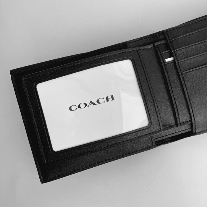 美國百分百【全新真品】Coach 皮夾 真皮 短夾 錢包 黑色印花 可拆式證件夾 皮包 男款 AA60