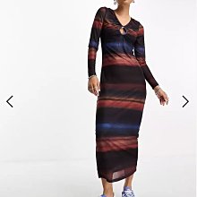 (嫻嫻屋) 英國ASOS-Only漸變色條紋水滴圓領長袖中長裙洋裝 EH23