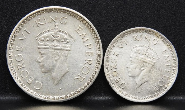 M053-2【周日結標】1943年英屬印度 喬治六世1盧比+0.5盧比銀幣=共2枚 =總重約17.4克