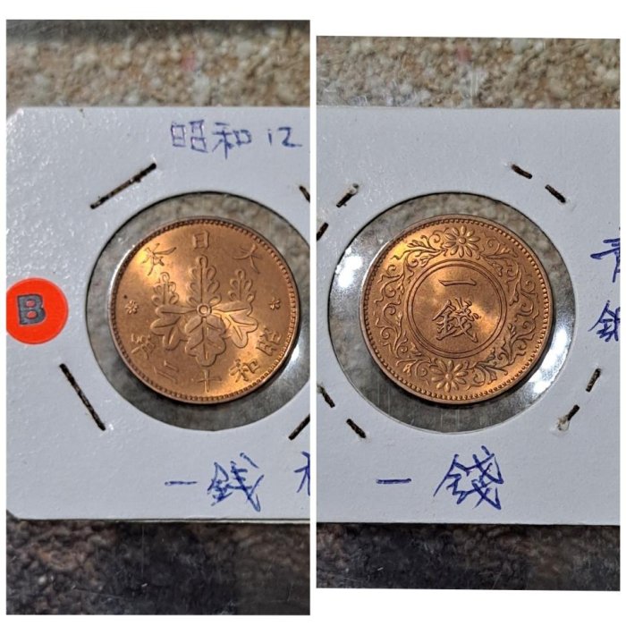 日本昭和十二12 （1937）年一錢銅幣23mm 有原光極美品近UNC 保真，品相