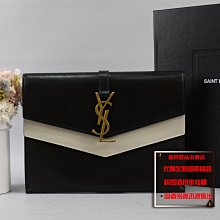 ☆優買二手精品名牌店☆ YSL 553566 黑色 白色 牛皮 logo 金釦 雙蓋 雙層 手拿包 麻將包 收租包 晚宴包 化妝包 新同