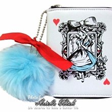 Ariel's Wish-日本東京迪士尼愛麗絲Alice紅色蝴蝶結天空藍色毛絨絨兔毛球拉鏈票卡零錢包悠遊卡夾-絕版品