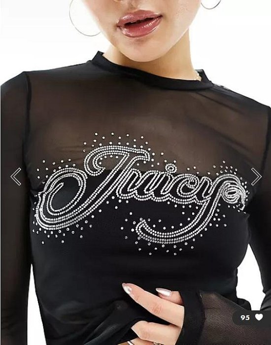 (嫻嫻屋) 英國ASOS-Juicy Couture水鑽LOGO圖案黑色薄紗圓領透膚袖上衣 AE24