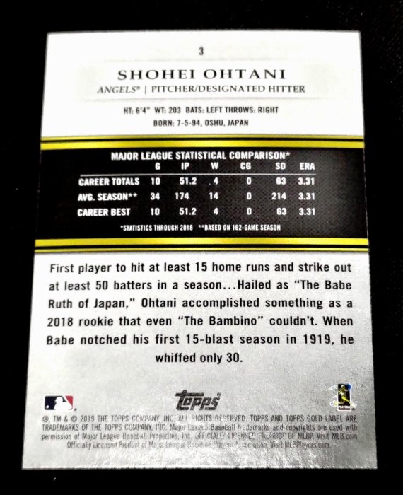 2019 -TOPPS 天使隊 大谷翔平 * Gold Label class 1- class 3 * 三張金卡等級球員卡