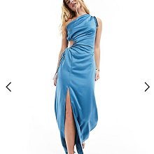 (嫻嫻屋) 英國ASOS-Style Cheat藍色鍛面斜肩單肩領無袖切口腰長裙洋裝禮服AA24
