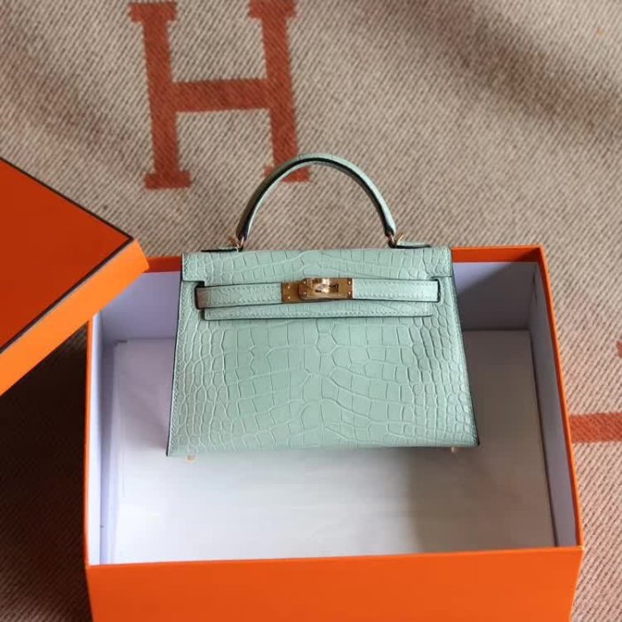 France Window 愛馬仕 Hermes Mini kelly 2代 6U薄荷綠 霧面美洲鱷魚皮 金扣