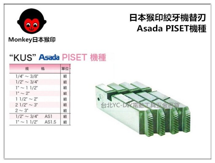 【台北益昌】MONKEY 日本猴印 Asada PISET 機種 (黑鐵管用) 電動絞牙機用牙板 替刃 (下標請告知規格