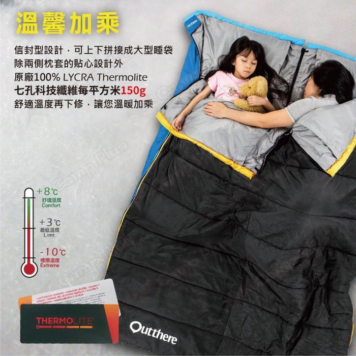 野孩子 ~ 1+1優惠組 好野Outthere好窩睡袋，可拼接為雙人睡袋，可機洗，100%Thermolite科技七孔棉