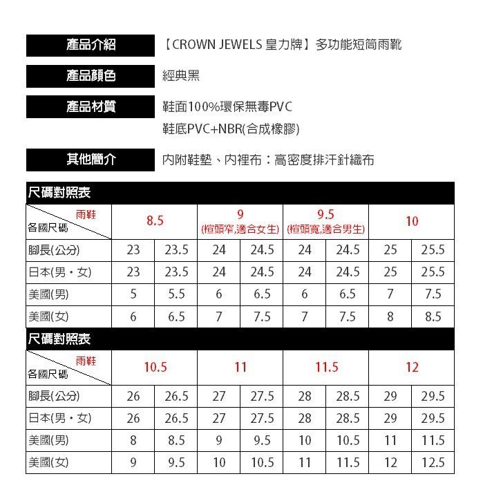 【CROWN JEWELS 皇力牌】流行短靴(尺寸8.5-12號)男女登山專用雨鞋~鑫星精選