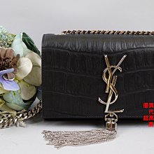 優買二手精品名牌店 YSL 354120 黑 牛皮 鱷魚紋 流蘇 銀鍊 肩背包 斜背包 WOC 發財包 手拿包 激新