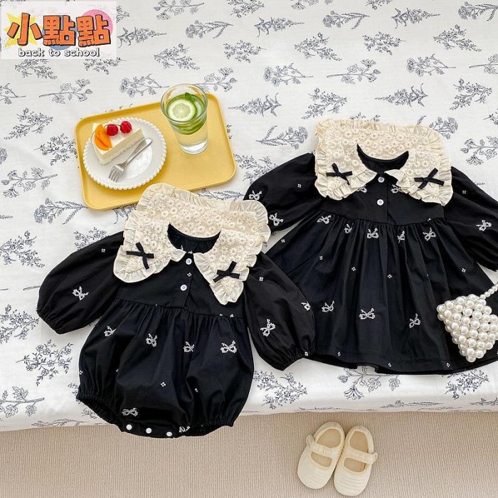 嬰兒女孩連身衣寶寶長袖蝴蝶結蕾絲領黑色公主服裙子姐妹裝