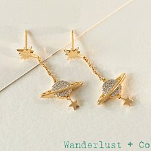 Wanderlust+Co 澳洲品牌 鑲鑽宇宙星球 金色星星垂墜式耳環 Cosmos 絕版下殺