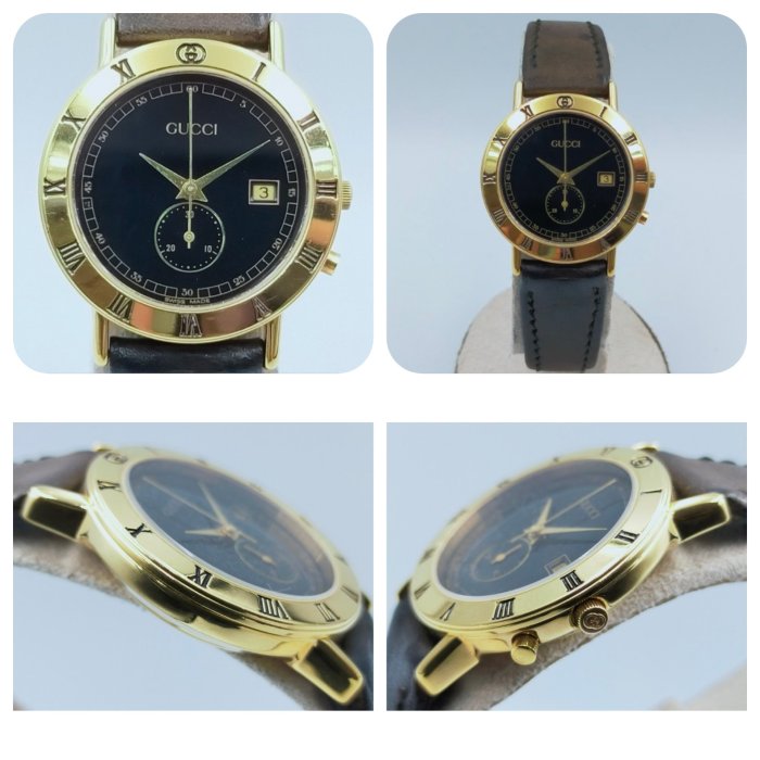 【發條盒子H3801】GUCCI 古馳 鍍金黑面 石英兩針 日期顯示 計時器60秒30分 經典女錶 全原裝