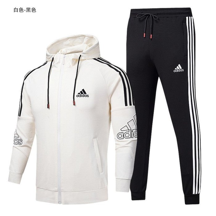 現貨熱銷-Adidas愛迪達套裝男2件套春秋季連帽外套經典三條杠純棉休閑長褲運動套裝