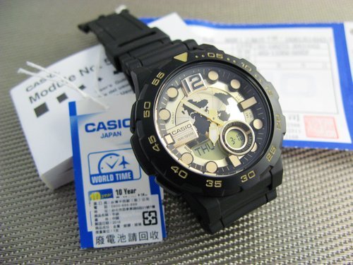 CASIO WATCH 卡西歐世界時間球型地球錶面霸氣黑金潛水風格雙顯運動錶 型號：AEQ-100BW-9A【神梭鐘錶】