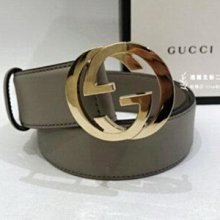 遠麗精品(板橋店)S0837 gucci灰色牛皮銀色互扣G皮帶/帶寬4cm