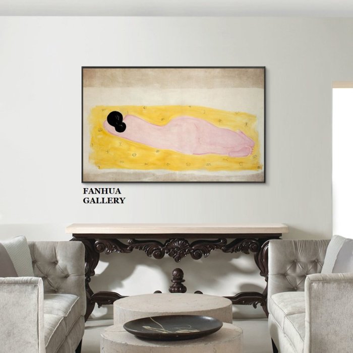 C - R - A - Z - Y - T - O - W - N　常玉黃毯上的裸女藝術裝飾畫小眾人物版畫當代藝術油畫常玉作品掛畫藝術大師名畫收藏畫客廳壁畫牆畫