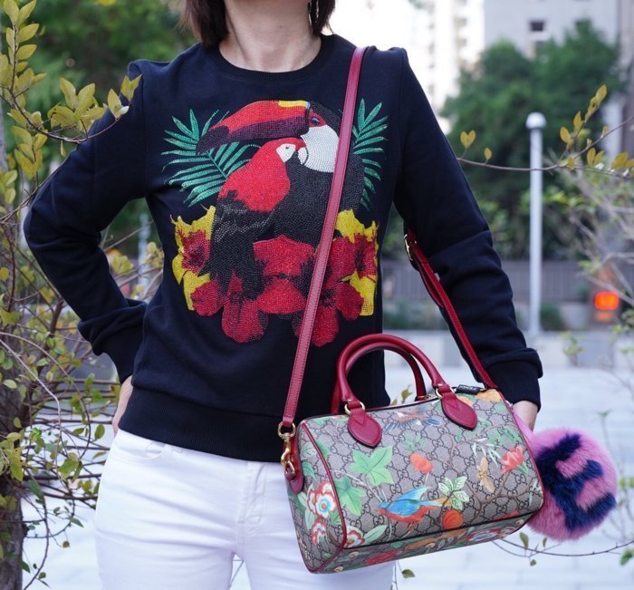 Gucci Linea A printed canvas Bag 小型 花卉波士頓包 紅皮邊