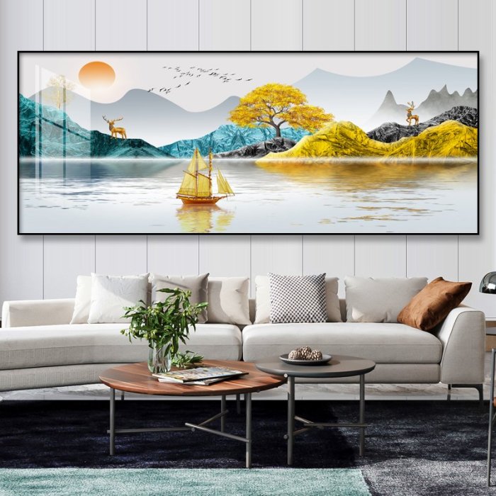 橫版客廳裝飾畫山水風景新中式沙發背景掛畫輕奢大氣辦公室晶瓷畫
