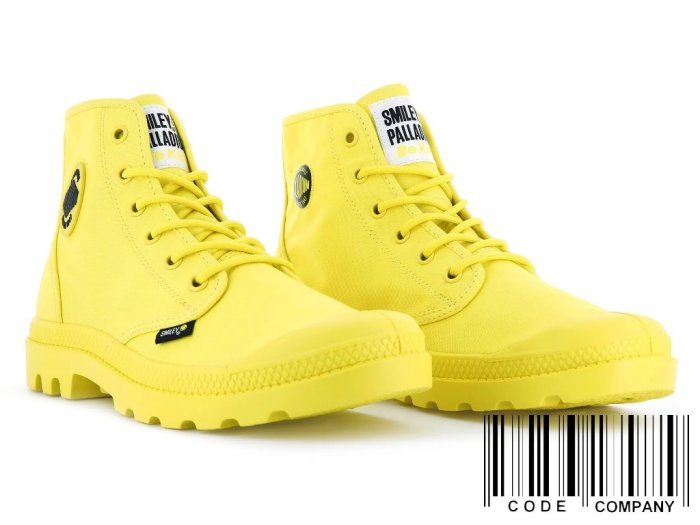 =CodE= PALLADIUM PAMPA HI BE KIND SMILEY 微笑聯名軍靴(黃)77079-736女