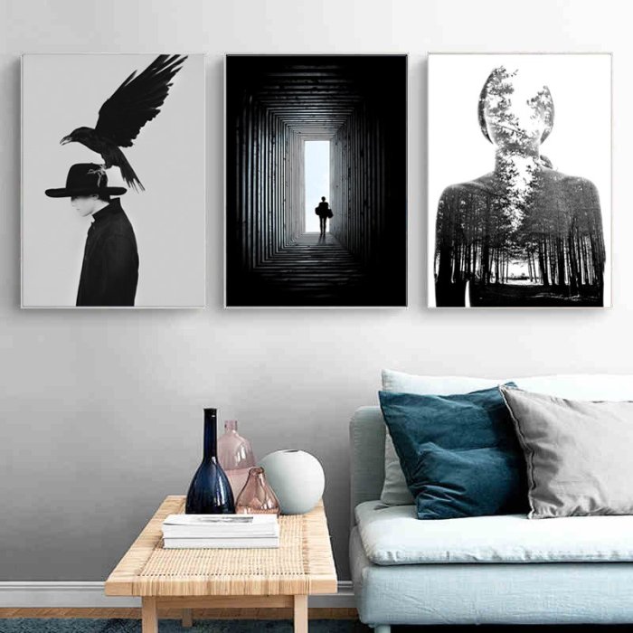 北歐現代簡約個性黑白人物帽子飛鳥裝飾畫床頭客廳掛畫(6款可選)