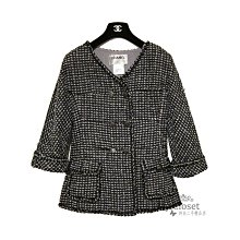 My Closet 二手名牌 CHANEL 2014 經典黑.灰.白色鑲邊軟呢雙排釦七分袖外套