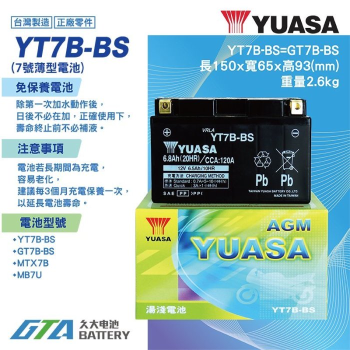 ✚久大電池❚ YUASA 湯淺 機車電瓶 7號薄型 機車電池 YT7B YT7B-BS = GT7B-BS GS 統力