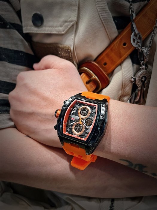 福克斯新款時尚潮流大牌風桶型膠帶錶大錶盤高級感女錶防水手錶男