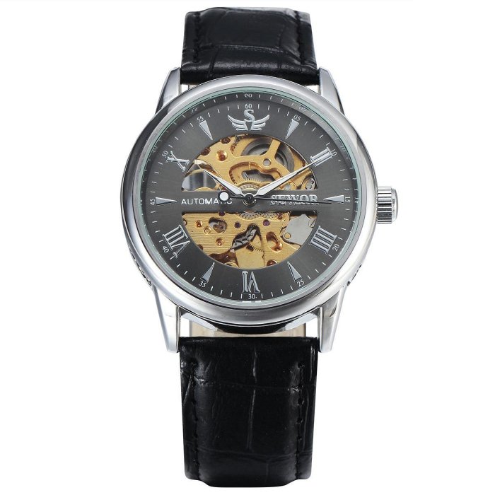 現貨男士手錶腕錶ebay 品牌 SEWOR 鏤空男士機械錶 皮帶男手錶腕錶