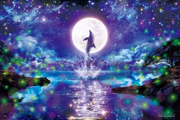 13-036 絕版夜光1000片日本進口拼圖 月光下的海洋 海豚夢幻之夜  Lassen