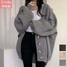 【V3638】SMILE-慵懶休閒．V領單排扣寬鬆燈籠袖針織毛衣外套