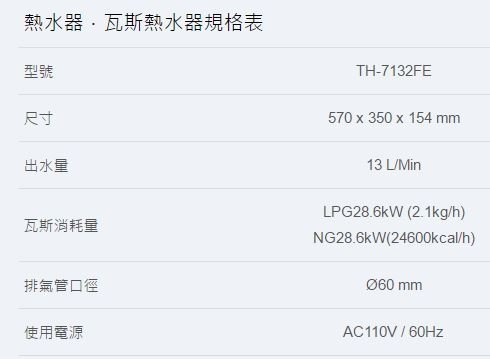 【龍城廚具生活館】【不賣】【已停產】莊頭北熱水器強制排氣型TH-7132FE
