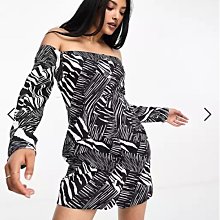 (嫻嫻屋) 英國ASOS-Annorlunda斑馬紋印花一字領長袖鈕釦裙洋裝EH23