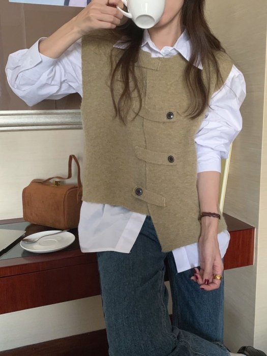 韓國3色🔺繫扣不規則毛呢疊穿背心➰ 長袖襯衫