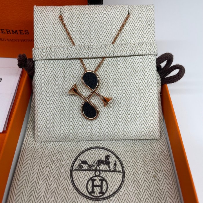 ☆注目の HERMES Cor H pendant 號角 音符 Swift皮 玫瑰金項鍊☆