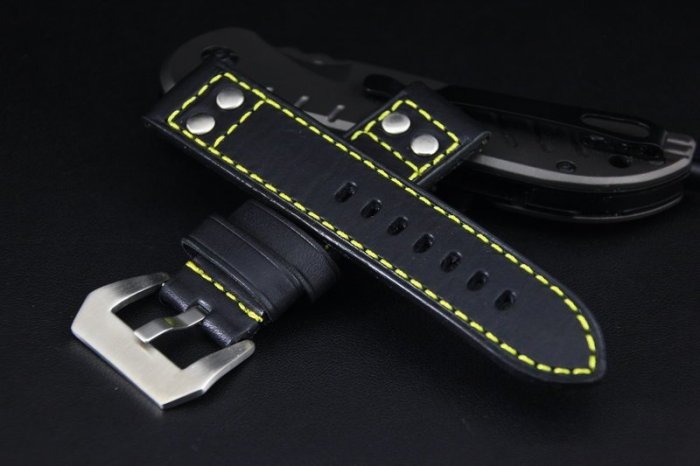 22mm直身Hamilton 的新衣軍錶飛行風格鉚釘黑色真皮錶帶 seiko citizen timex +黃色縫線