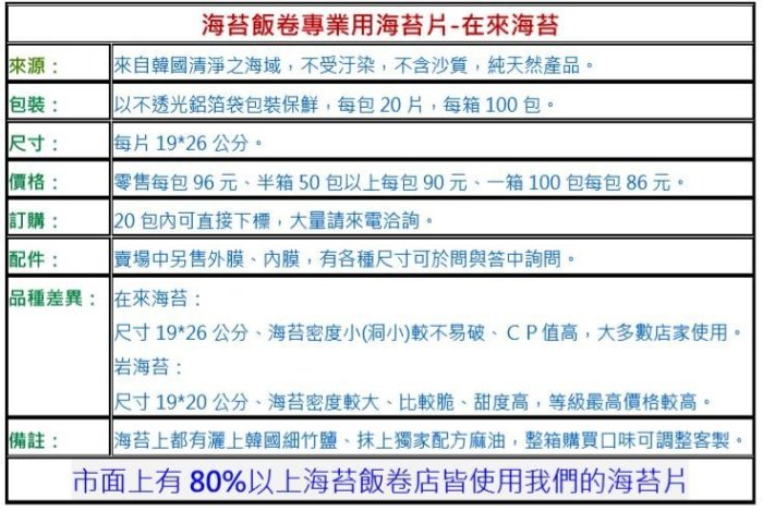 在來海苔20片-「海中寶現烤海苔」海苔飯卷/海苔飯捲專用在來海苔20片裝!全國最大供應商/專業用/營業用/批發/品質保證