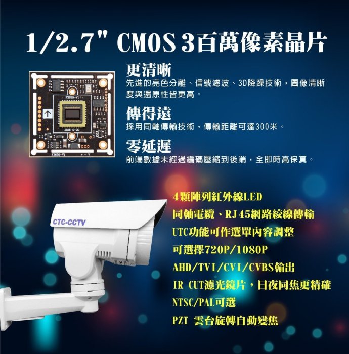 全方位科技-本月促銷1080P紅外線 監視器 AHD UTC自動對焦PTZ 迴轉台鏡頭DVR台灣製造 送DVE變壓器支架