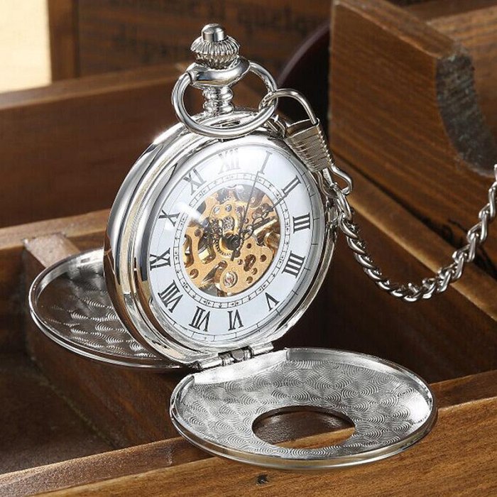 男士手錶 速賣通銀色雙開蓋雕花鏤空 機械懷錶復古 男女士學生禮品紀念懷錶
