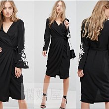 (嫻嫻屋)英國ASOS-Forever New優雅時尚OL名媛黑色交叉V領刺繡花卉長袖質感洋裝 現貨UK10