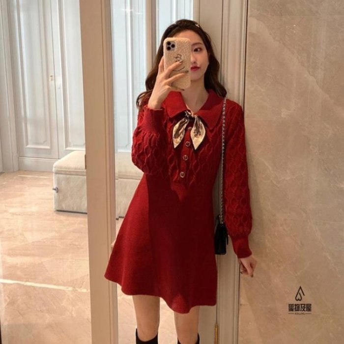 【熱賣精選】新年過年喜慶紅色針織連衣裙秋冬裝內搭毛衣大碼女裝